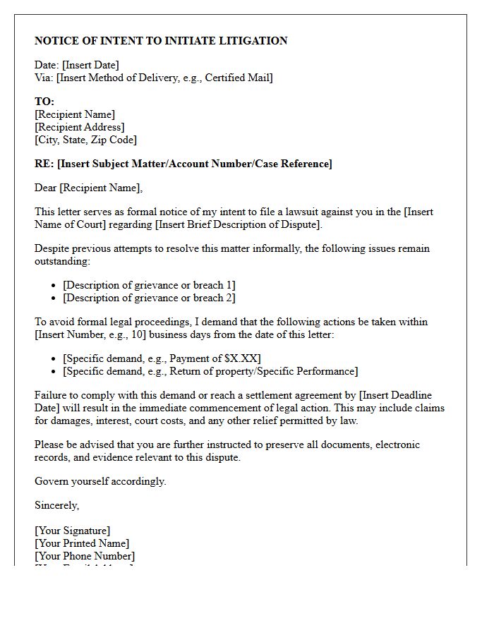 Notice of Intent to Initiate Litigation Letter