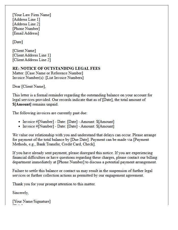 Notice of Outstanding Legal Fees Letter
