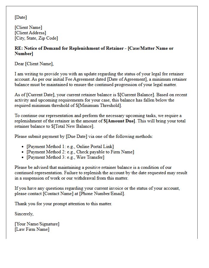 Demand for Replenishment of Retainer Letter