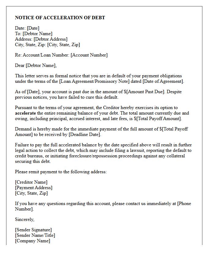Notice of Acceleration of Debt Letter