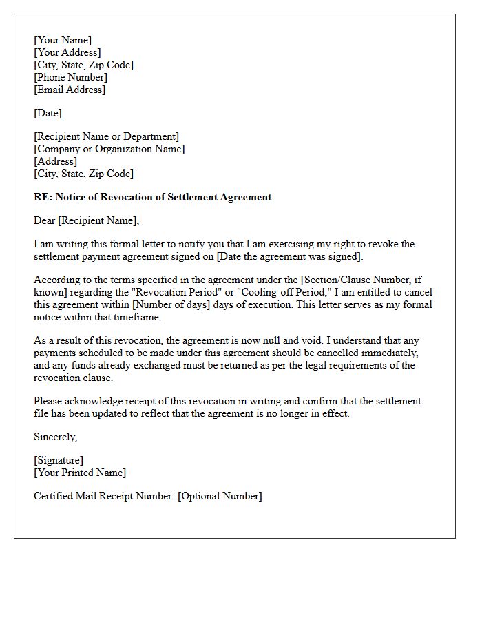 Revocation of Settlement Payment Agreement Letter