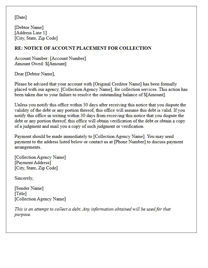 Notice of Account Placement for Collection Letter
