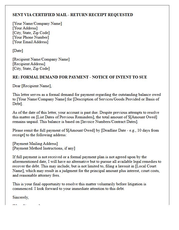 Pre-Litigation Payment Demand Letter