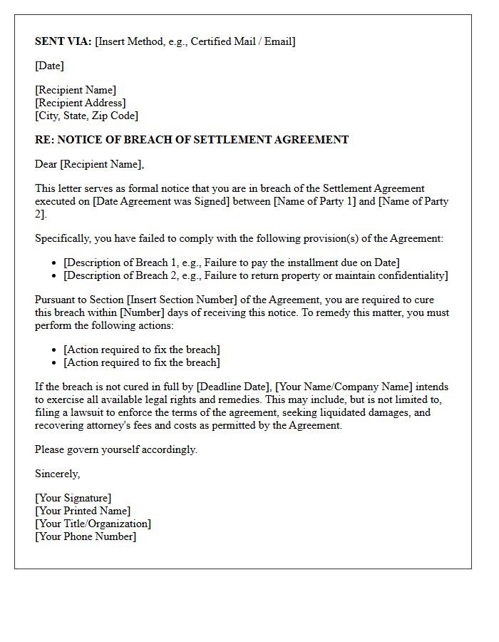 Notice of Breach of Settlement Agreement Letter