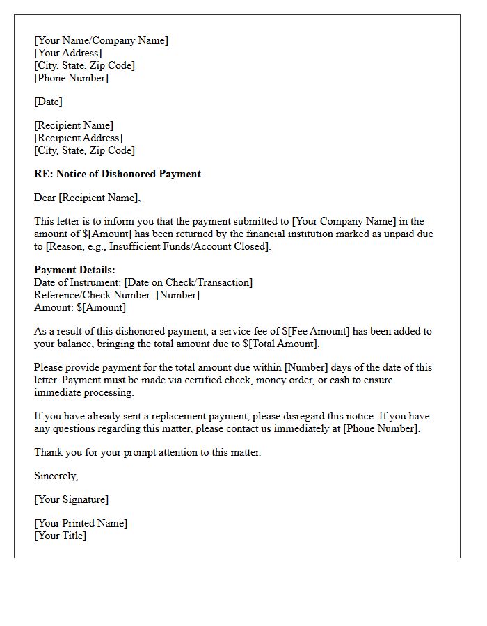 Notice of Dishonored Payment Letter