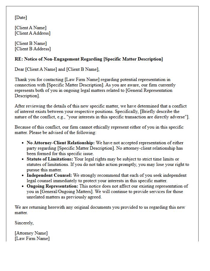Joint Representation Conflict Matter-Specific Non-Engagement Letter