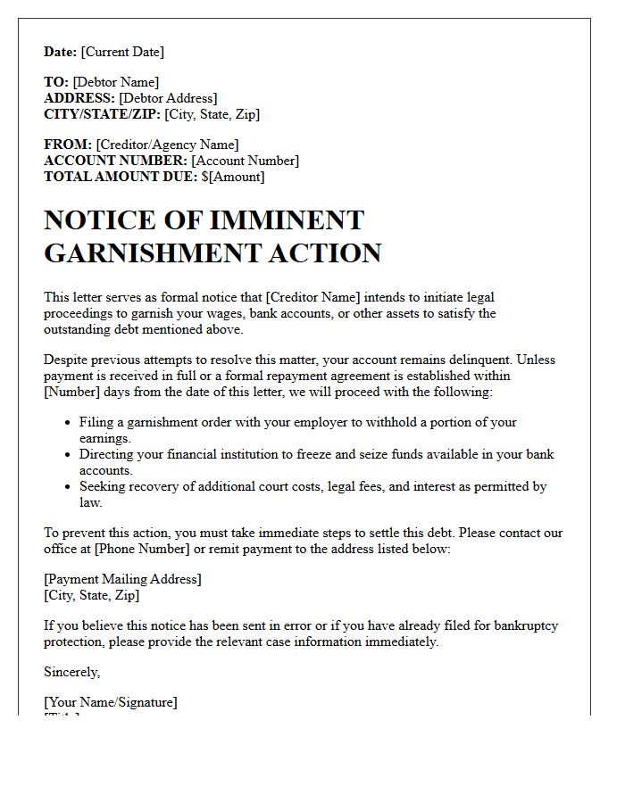 Notice of Imminent Garnishment Action Letter