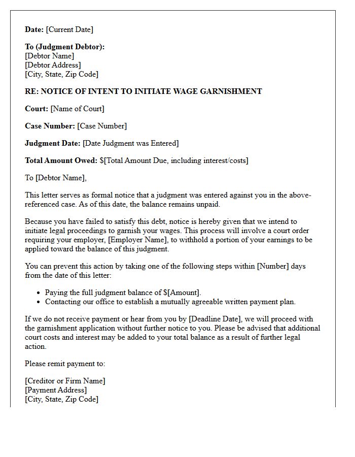 Post-Judgment Wage Garnishment Intent Letter