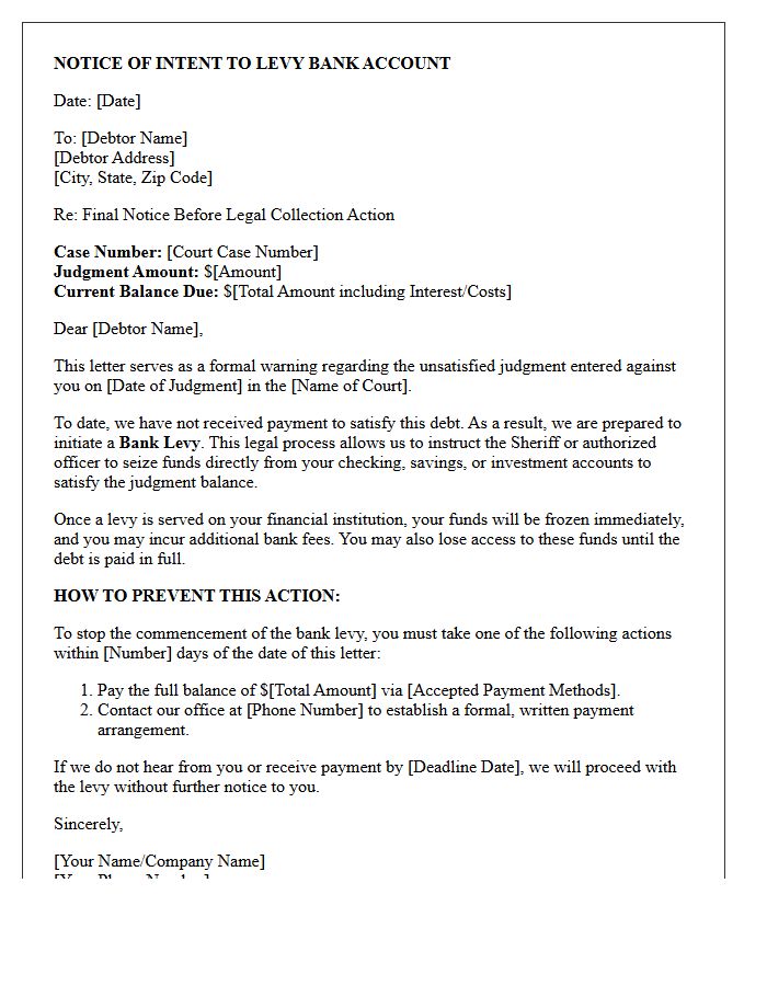 Post-Judgment Bank Levy Warning Letter