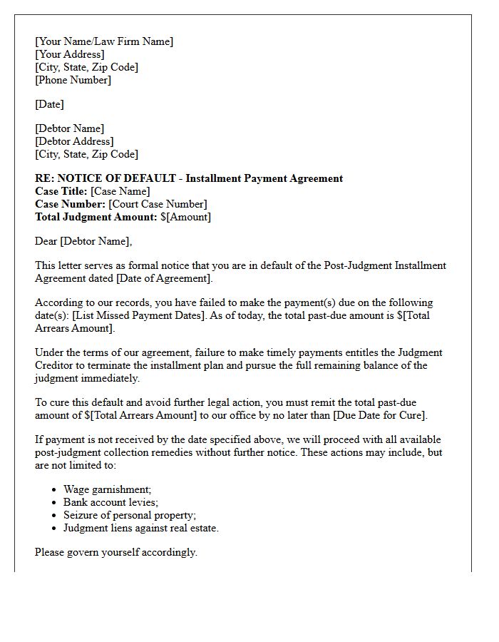 Post-Judgment Installment Agreement Default Letter