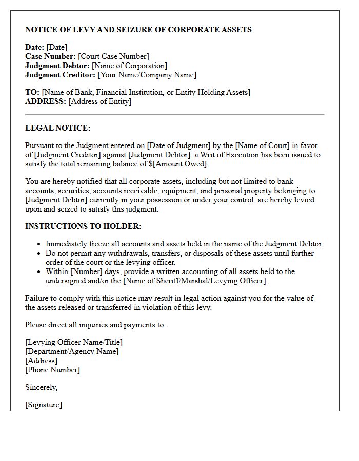 Post-Judgment Corporate Asset Seizure Letter