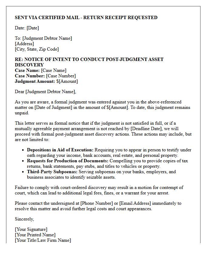 Post-Judgment Asset Discovery Warning Letter