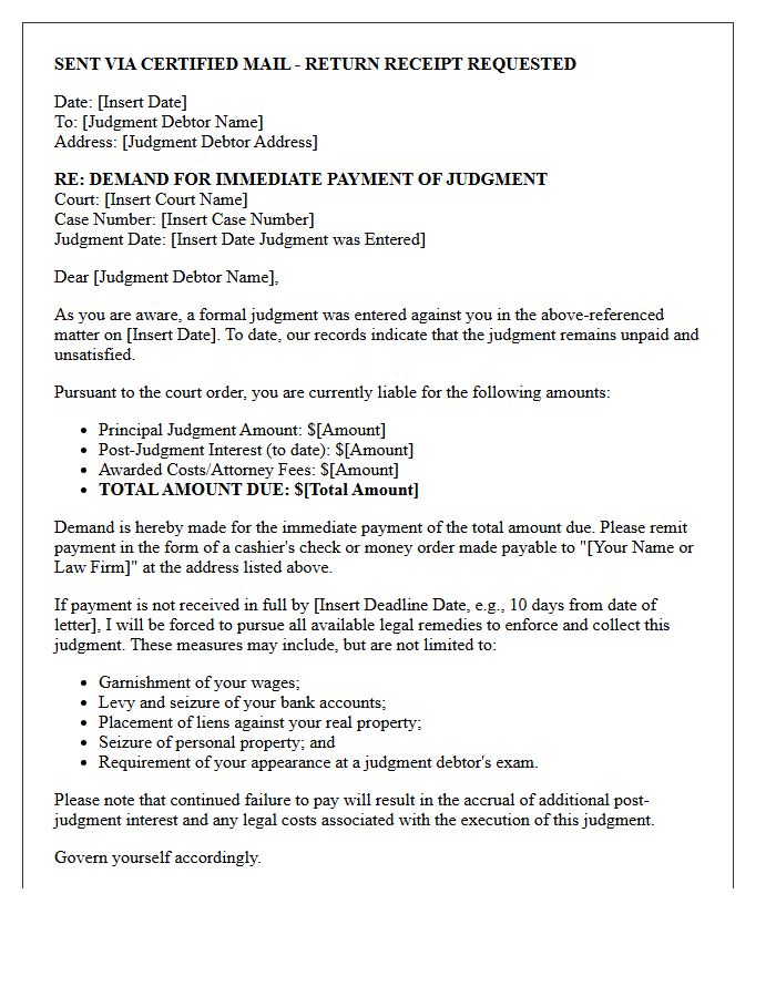 Immediate Post-Judgment Satisfaction Demand Letter