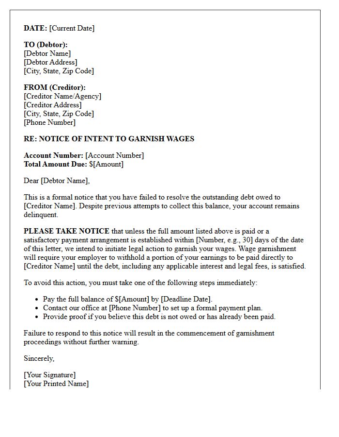 Primary Notice of Intent to Garnish Wages Letter
