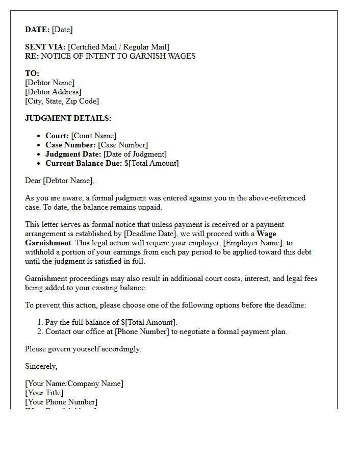 Post-Judgment Wage Garnishment Warning Letter