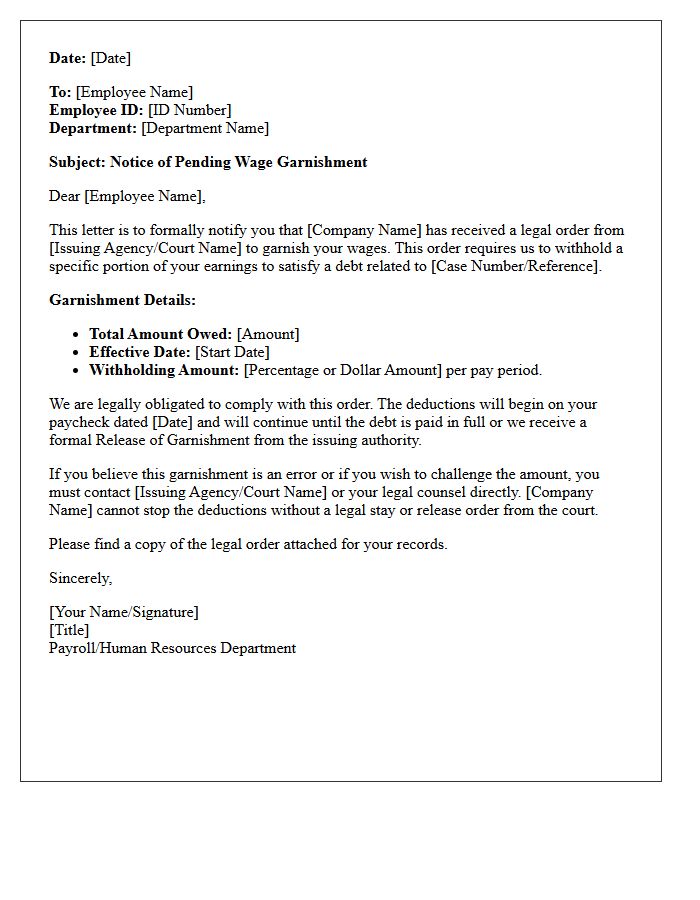 Employer Notice of Pending Wage Garnishment Letter