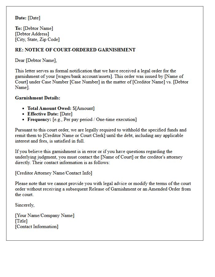 Debtor Notification of Court-Ordered Garnishment Letter