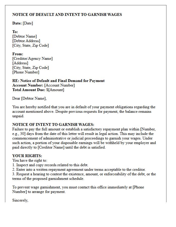Default Notice and Intent to Garnish Wages Letter