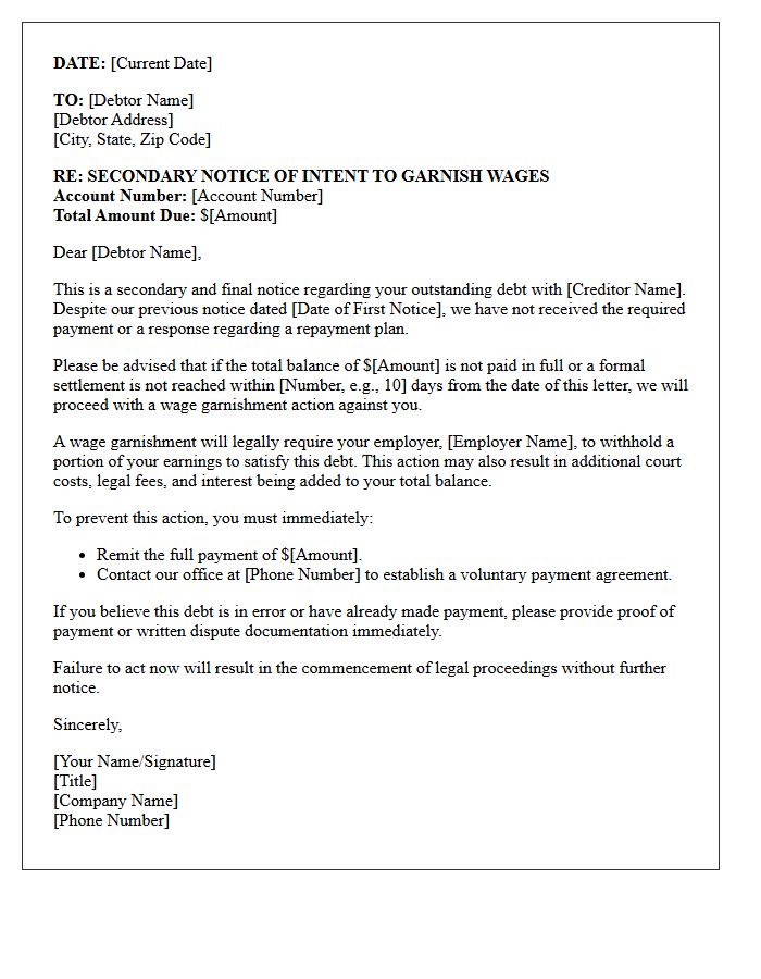 Secondary Notice of Intent to Garnish Wages Letter