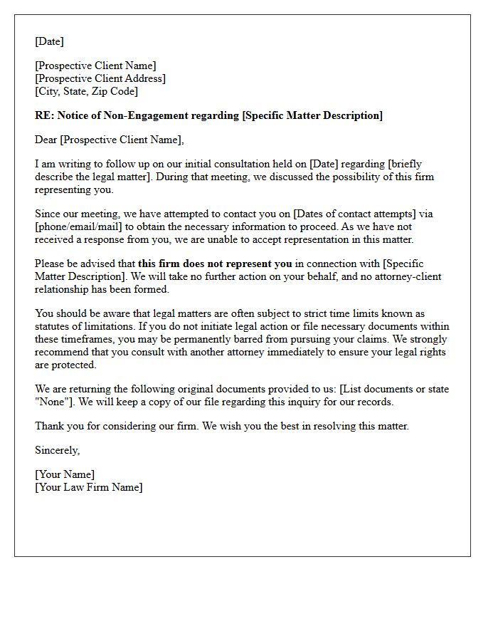 Unresponsive Prospective Client Matter-Specific Non-Engagement Letter