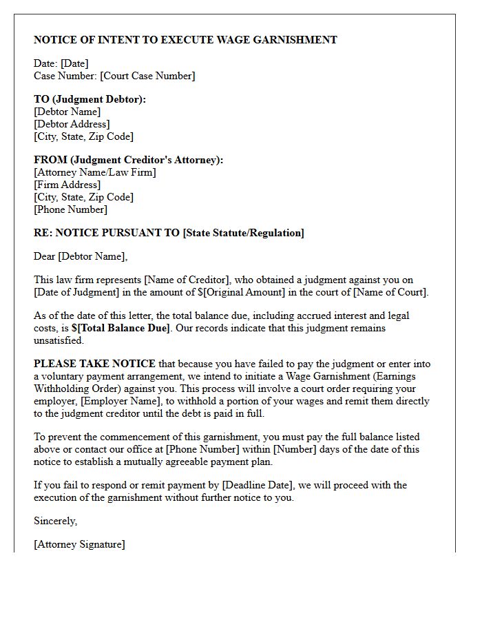 Attorney Notice of Intent to Execute Wage Garnishment Letter