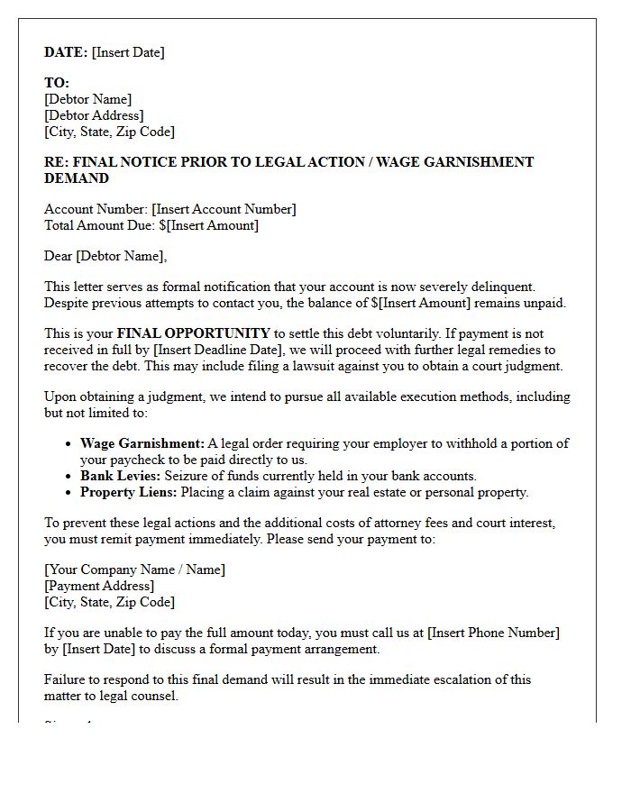 Final Collection and Wage Garnishment Demand Letter