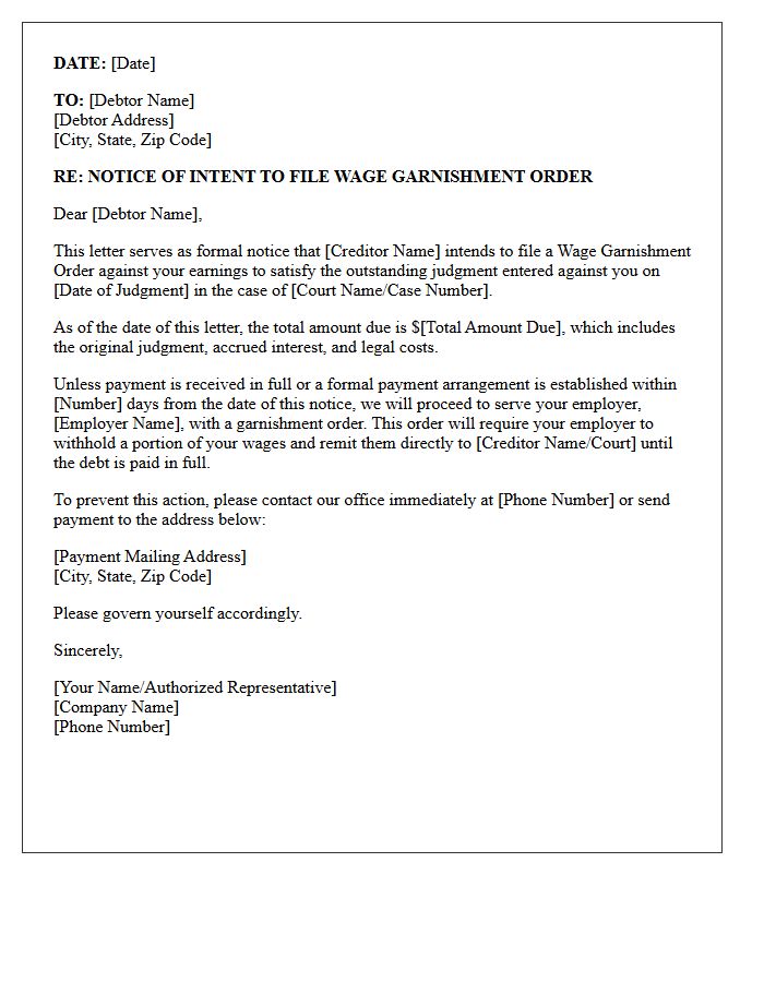 Notice of Intent to File Wage Garnishment Order Letter