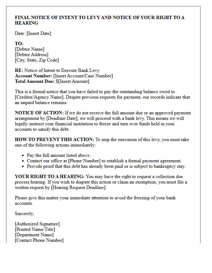 Final Notice of Intent to Execute Bank Levy Letter