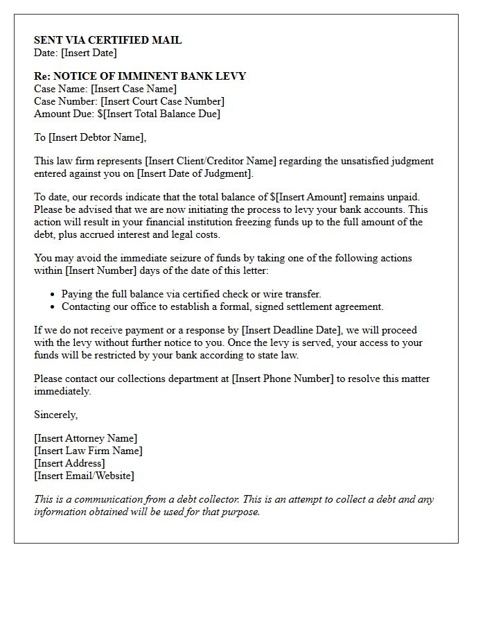 Law Firm Warning of Imminent Bank Levy Letter