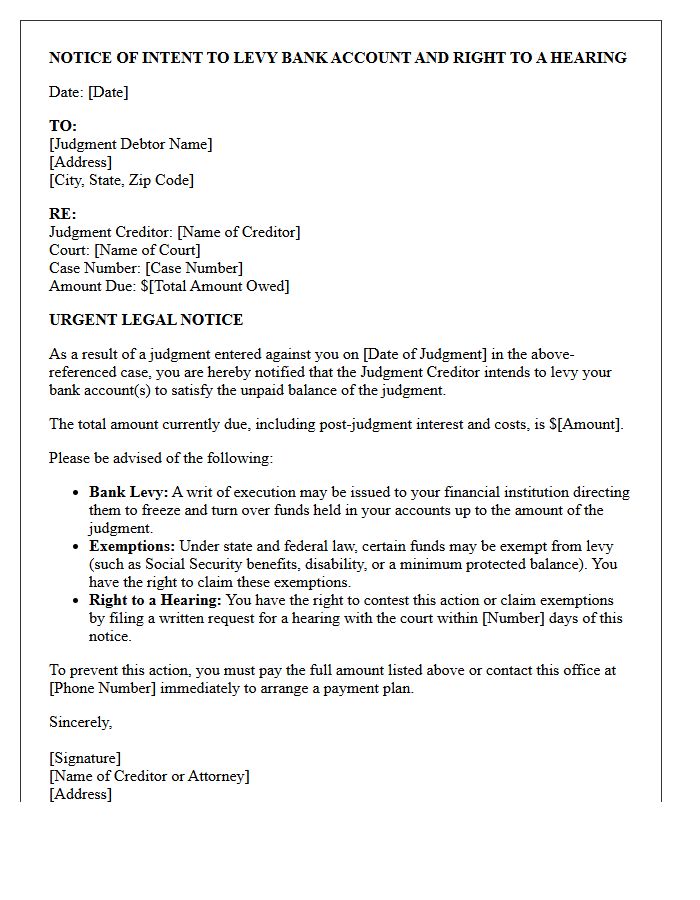 Post-Judgment Notice of Bank Levy Intent Letter