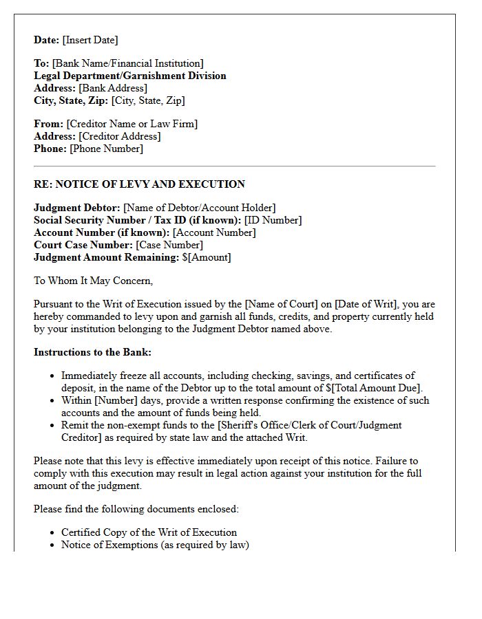 Creditor Demand and Bank Levy Execution Letter