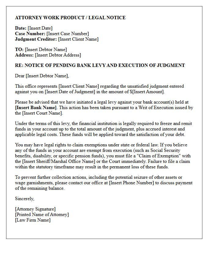 Attorney Notice of Pending Bank Levy Letter