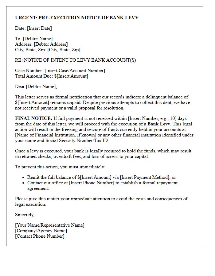 Pre-Execution Bank Levy Warning Letter