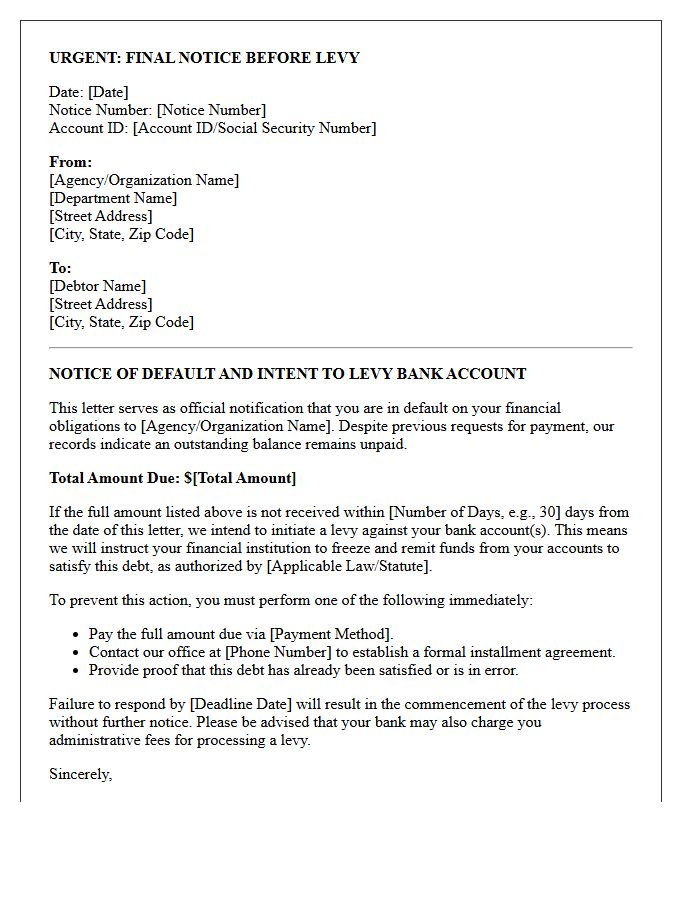 Notice of Default and Intent to Levy Bank Account Letter