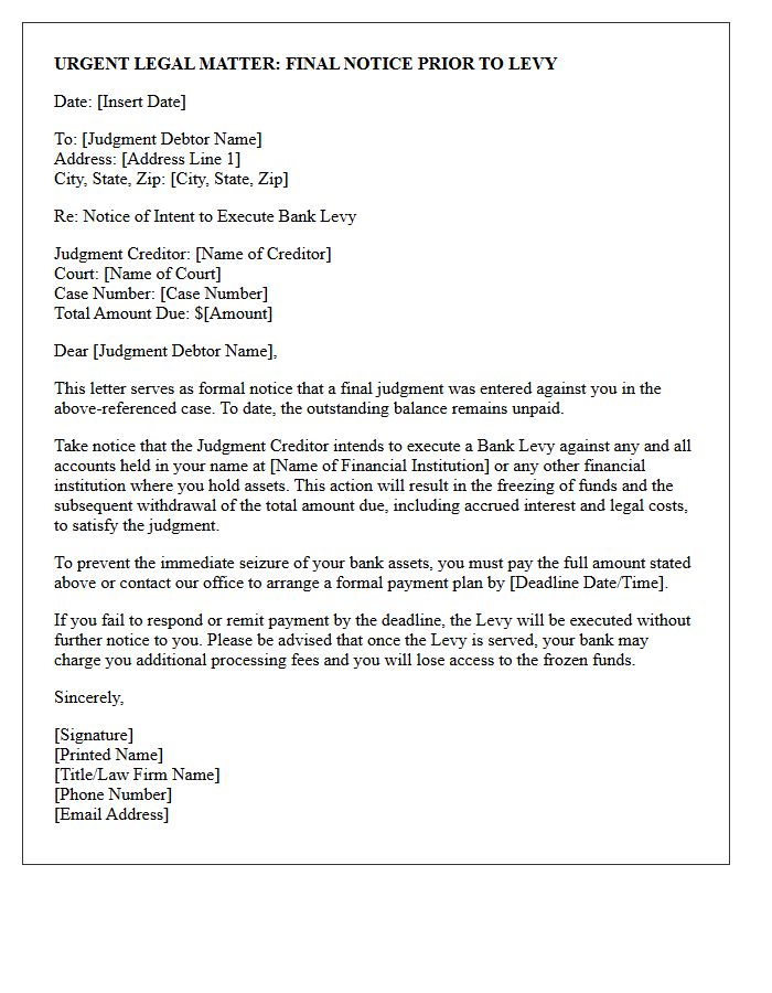 Legal Notice of Intent to Execute Bank Levy Letter