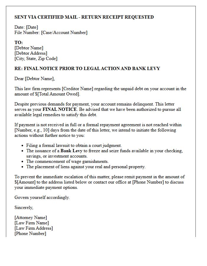 Final Attorney Demand and Bank Levy Intent Letter