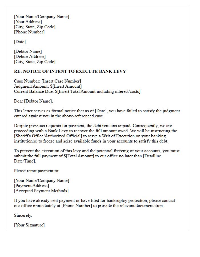 Debt Recovery Intent to Execute Bank Levy Letter