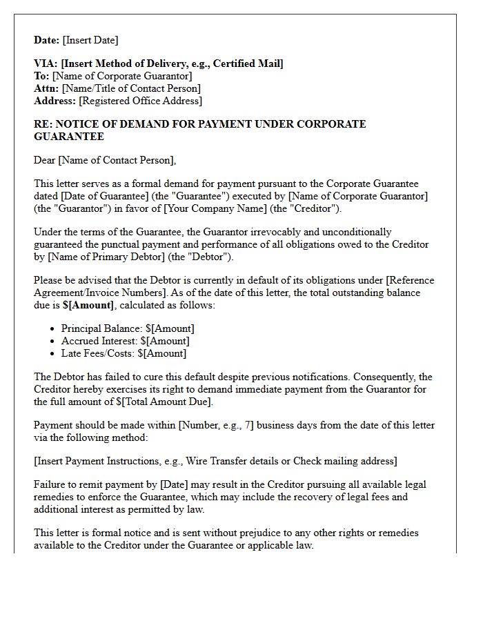 Initial Corporate Guarantor Demand for Payment Letter