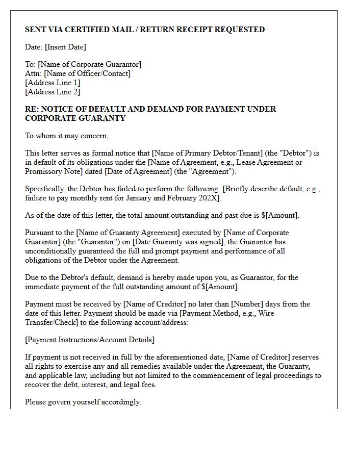 Notice of Default and Corporate Guarantor Demand Letter