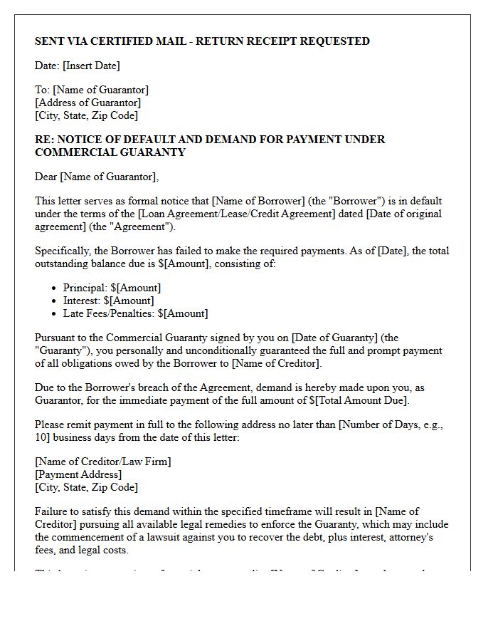 Breach of Commercial Guaranty Payment Demand Letter