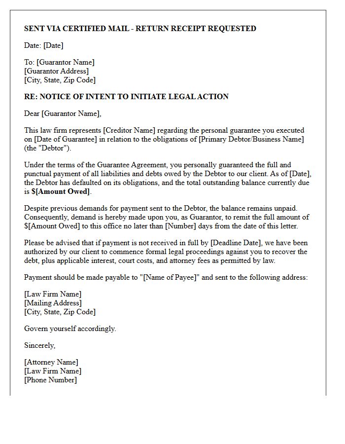 Law Firm Notice of Intent to Sue Guarantor Letter