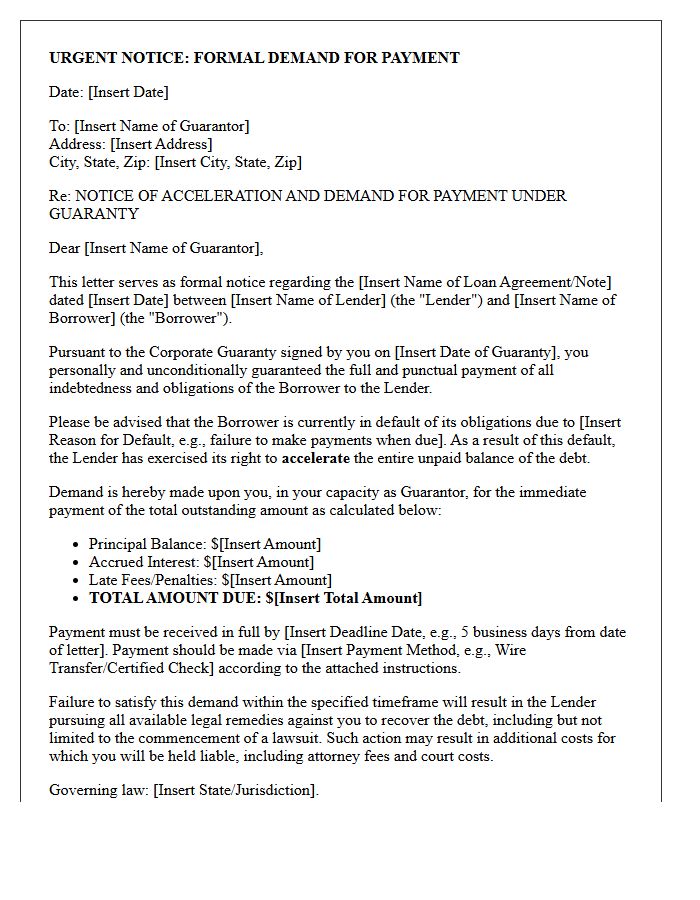 Acceleration of Corporate Debt Guarantor Demand Letter