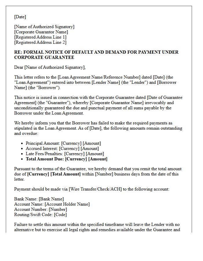 Secured Loan Corporate Guarantor Payment Notice Letter