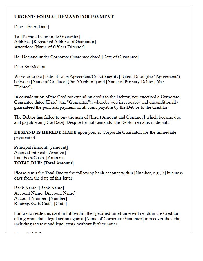 Unsecured Debt Corporate Guarantor Demand Letter