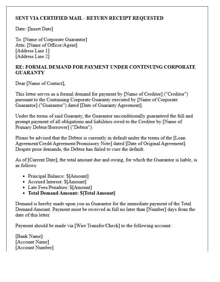 Demand for Payment on Continuing Corporate Guaranty Letter