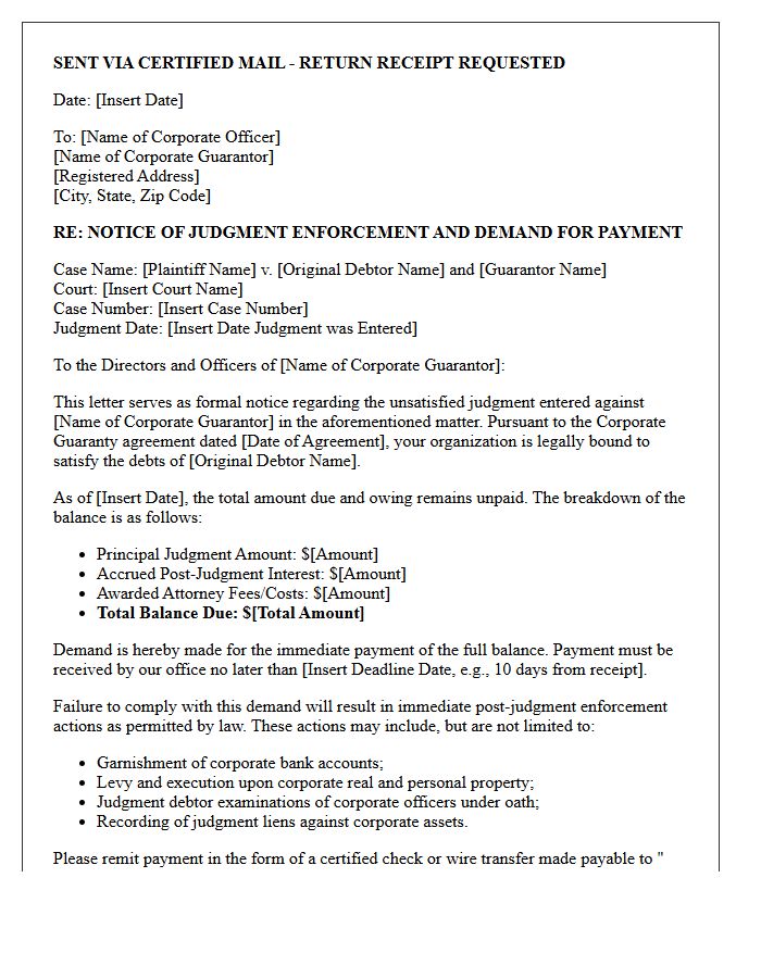 Post-Judgment Corporate Guarantor Enforcement Letter