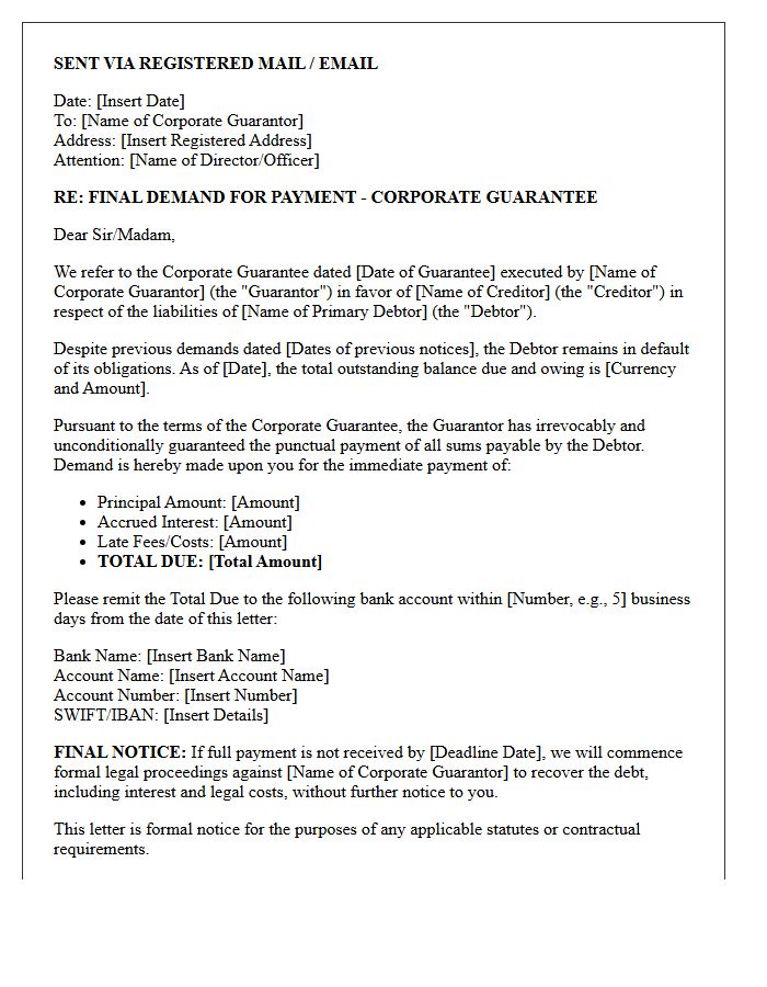 Final Warning Corporate Guarantor Demand for Payment Letter