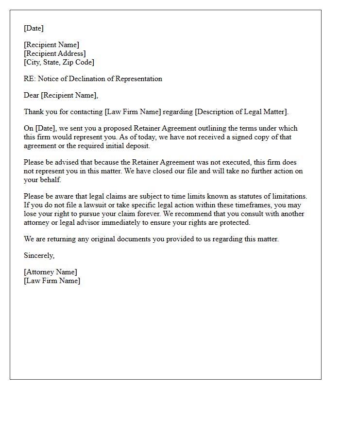 Declination Of Representation For Unexecuted Retainer Letter