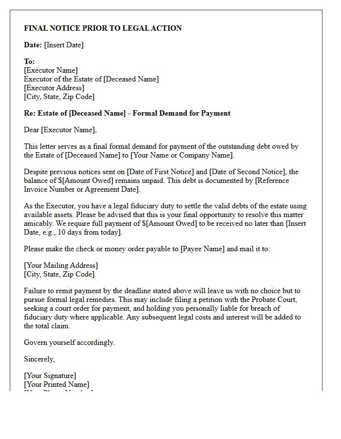 Final Notice Estate Executor Demand for Payment Letter