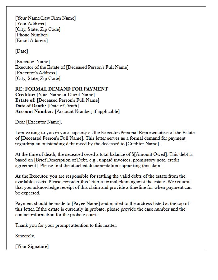 Creditor Representation Estate Executor Demand for Payment Letter